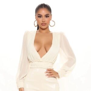 Fashion Nova Cream Deep V-Neck Blouse